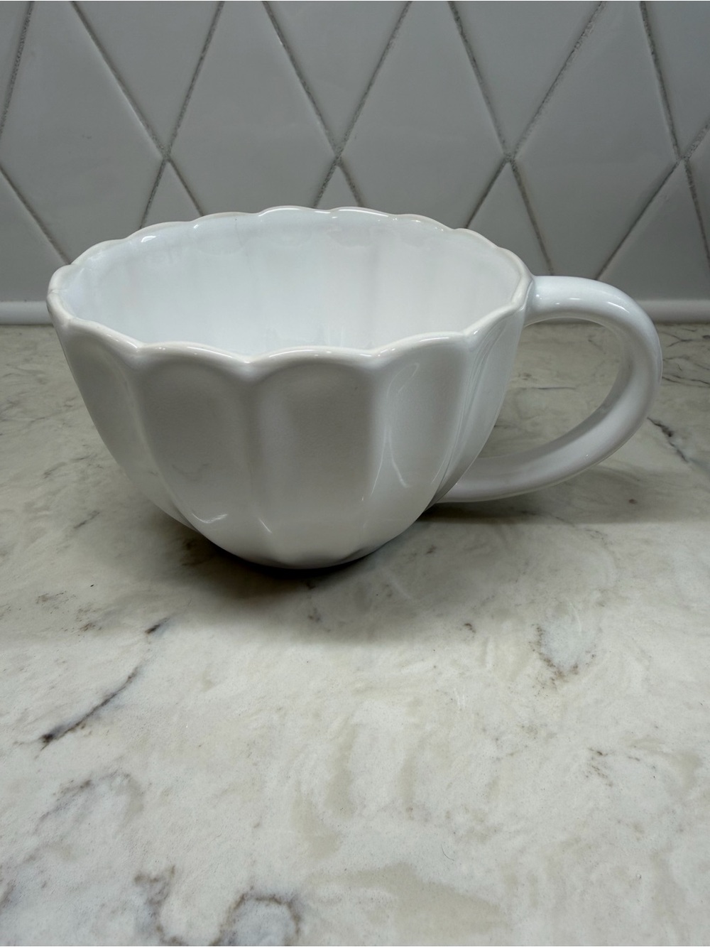 Anthropologie White Scalloped Rim Ceramic Latte  Mug